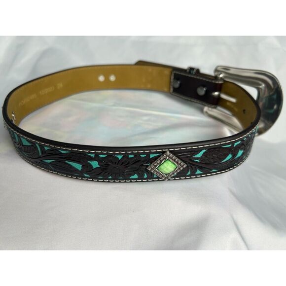 Women's Children's Ariat Brown & Turquoise with Floral Overlay Western Belt 25 - Picture 4 of 6
